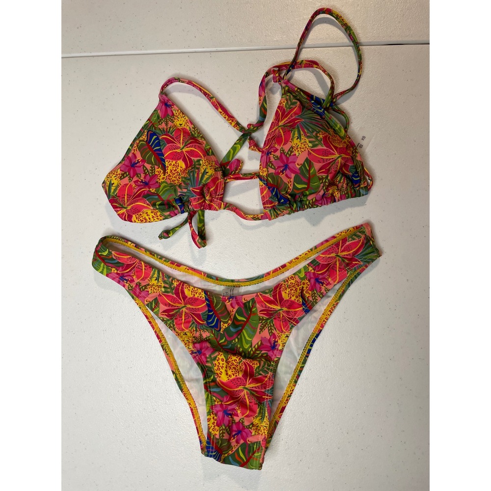 SOLY HUX Women's Triangle Halter Bikini Set Tropical Print, XS